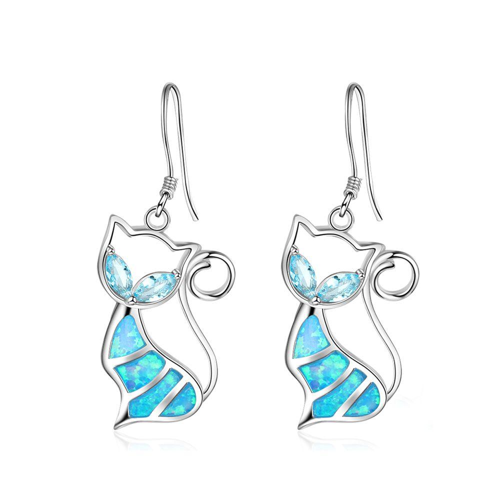 Exquisite Women Fashion Chain Cat Pendant Earrings Jewelry Opal Necklace