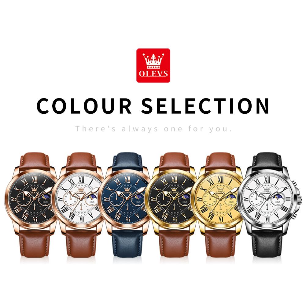 OLEVS 3632 Men Brand Watch Multi-functional Dial 24-hour Moon Phase Timekeeping 30m Waterproof Luminous Leather Strap Watch