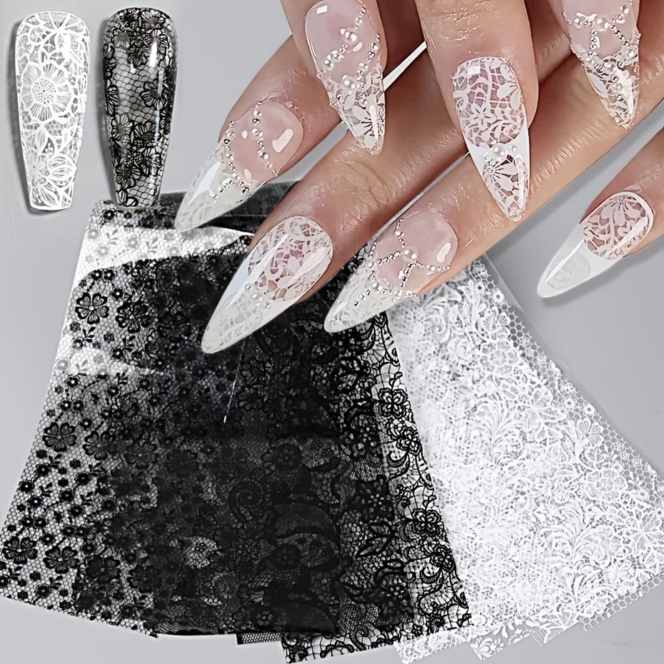 10Pcs/Pack Black‑White Lace Nail Transfer Foils, Hollow Floral Mesh Vintage Nail Stickers, Wedding Bridal Manicure Supplies