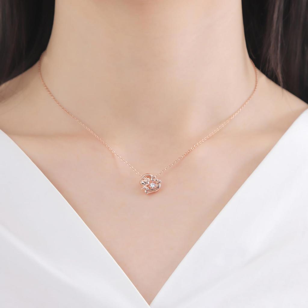 Kao White Clover Hello Kitty Dancing Stone Necklace 40cm Sanrio Characters 925 Sterling Silver Cubic Zirconia Heart Ribbon Pink Gift