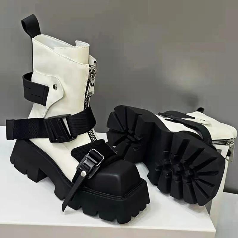 Женские винтажные ботинки из искусственной кожи, повседневные ботинки больших размеров с толстой подошвой, ботинки средней высоты на молнии