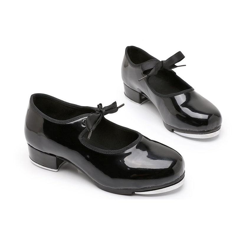 Черные туфли для чечетки из лакированной кожи, прямая подошва, кружево, бесплатно для мальчиков и девочек, женские танцевальные туфли на мягкой подошве