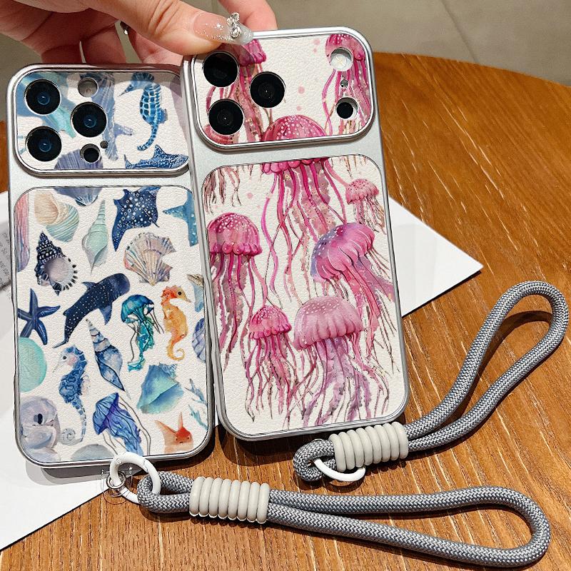 Кожаный чехол-шнурок с рисунком медузы и дельфина для iPhone 18 Pro Max 17 16 15 14 13 Pro Max, роскошный гибридный TPU+PU, противоскользящая, мягкая крышка для телефона