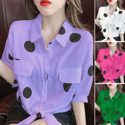 Женская рубашка с лацканами, однобортная рубашка с длинным рукавом, топы, свободный крой, искусственные карманы с клапанами, точечный принт