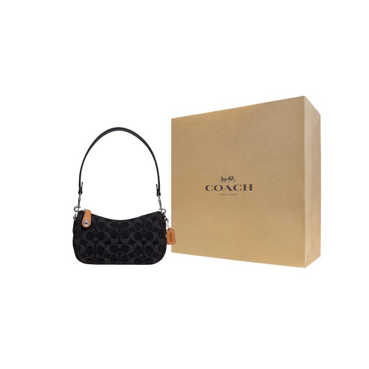 New COACH Swinger Jacquard Fabric With Cow Leather Patchwork Handbag Shoulder Bag Women's Black CF113-LHDRJ