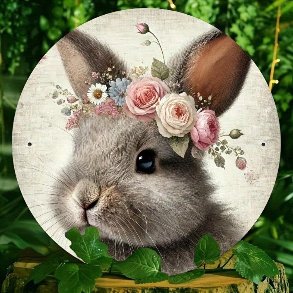 Retro Easter Rabbit Metal Tin Sign Round Wall Decor Rustic Holiday Party Home Garden Porch Decoration 2D Plaque