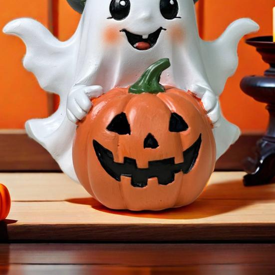 Halloween Ornament Ghost Holds Pumpkin Shape Realistic Pattern Sculpture Haunted House Fireplace Decor