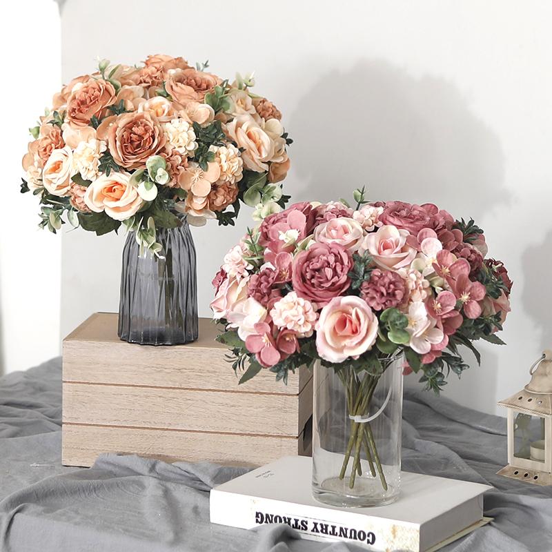 Artificial Flowers Decor 7 Heads Silk Peony Rose Hydrangea Bouquet Home Christmas Party Decorations Wedding Bride Fake Flowers