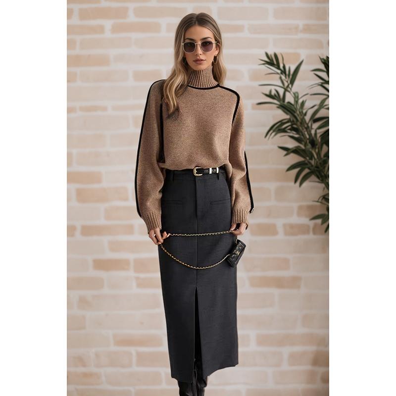 Осень Зима Женские Свитера с Воротником-стойкой Повседневные Полосатые С Длинным Рукавом Вязаные Пуловеры Обычные Джемперы Уличная Одежда Пуловеры