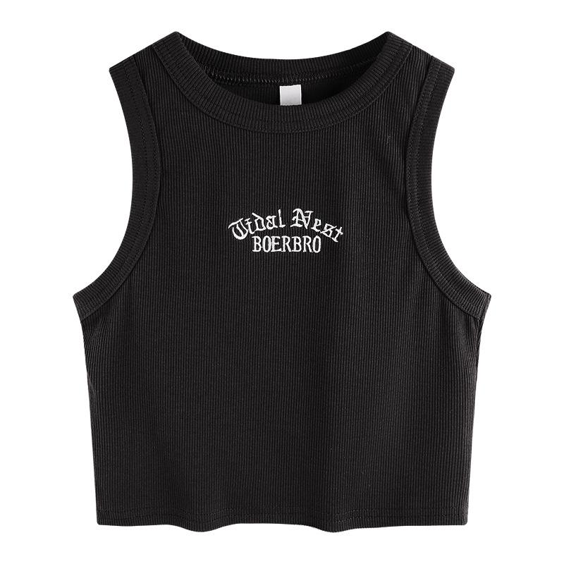 Women's Tank Top Ribbed Knitted Embroidery Letter Vest Female Summer Clothing Crop Top White Black Casual Short Tight Sport Tops