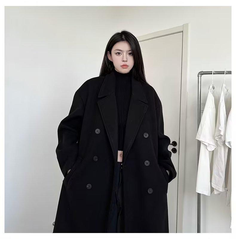 Мужское шерстяное пальто средней длины черного цвета - Утепленный тренч в корейском стиле для осени и зимы