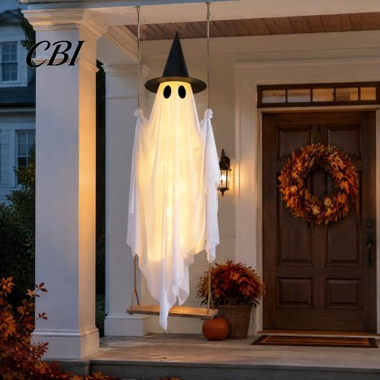 Glowing Halloween Atmosphere Prop Hanging Swing Ghost Decoration with Witch Hat, Spooky Outdoor Decor Lighted White for Yard String Light And