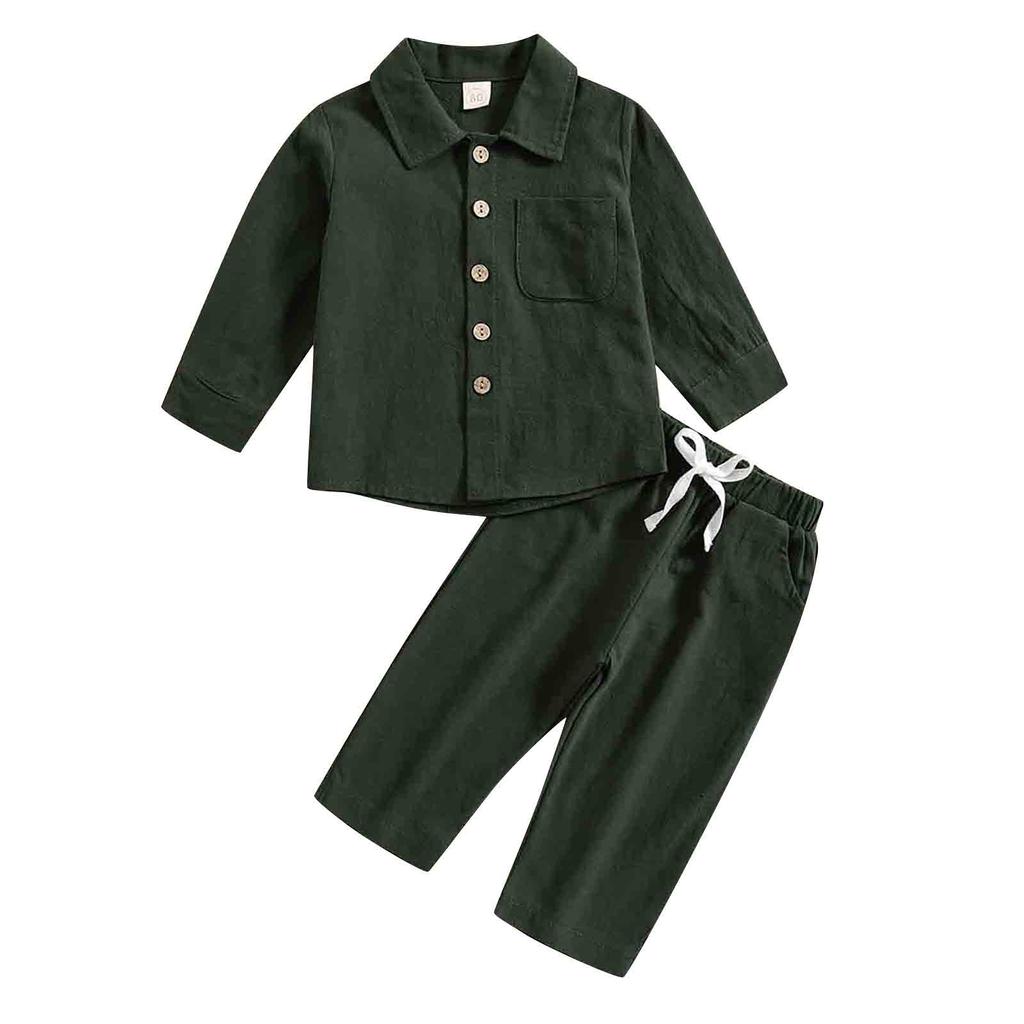 Сплошной цвет хлопка и льна для мальчиков, повседневная рубашка с карманами и пуговицами, комплект брюк, брюки с длинными рукавами, костюм из двух предметов