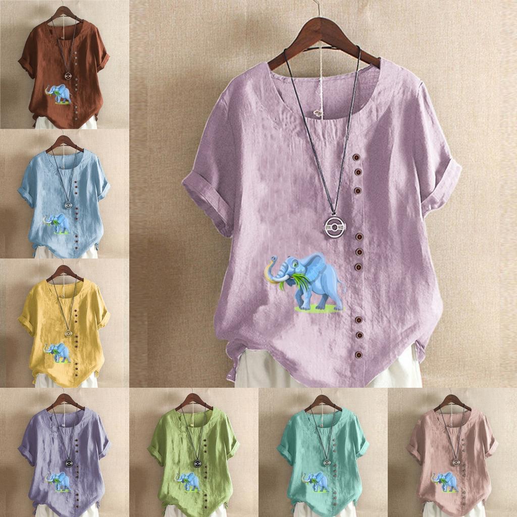 Women's Fashion Round Neck Short Sleeve T-shirt Casual Cotton Linen Graphic Shirt Leisure Loose Elephant Prined Summer Blouse Tops