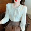 Мода 2024 осень длинный рукав кукольный воротник абрикосовый кружевной блузка рубашка женские топы блузки рубашки J485