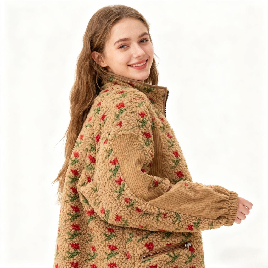 Модная флисовая куртка-свитер из шерсти с цветком, теплая, на молнии, со стойкой, свободного кроя, утолщенная, осенне-зимняя, женская одежда