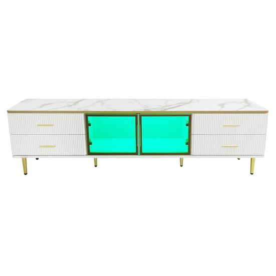 TV Storage Cabinet with LED Light 4 Drawers Spacious Countertop High-Gloss Television Stand Painting Mid Century Modern Living Room Furniture
