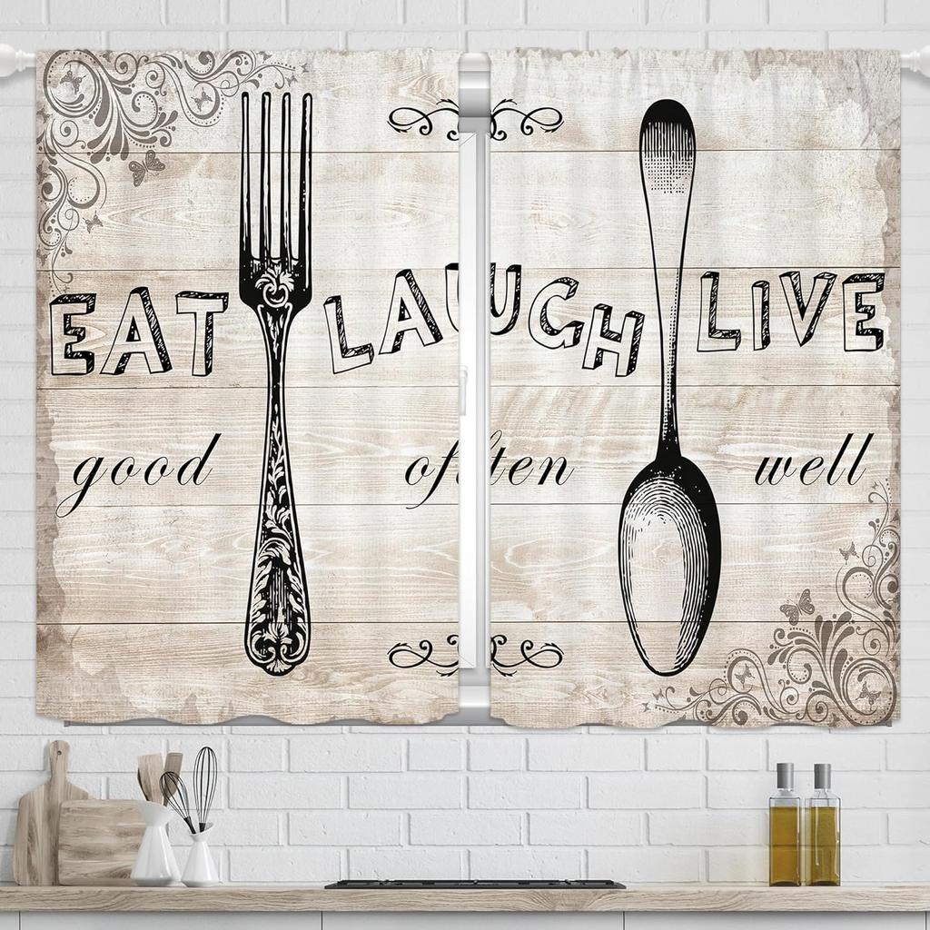 Retro Creative Print Curtain Kitchen Dining Room Living Decoration Curtains Set Of 2 Made Polyester With Rod Pocket Decor