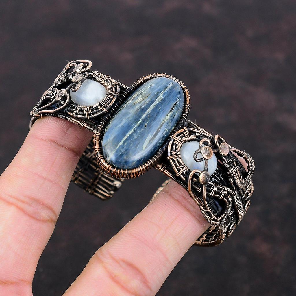 Kyanite Gemstone Bangle Adjustable Cuff Bracelet Copper Wire Wrapped Bangle Rainbow Moonstone Bangle Handmade Copper Jewelry Gift For Women