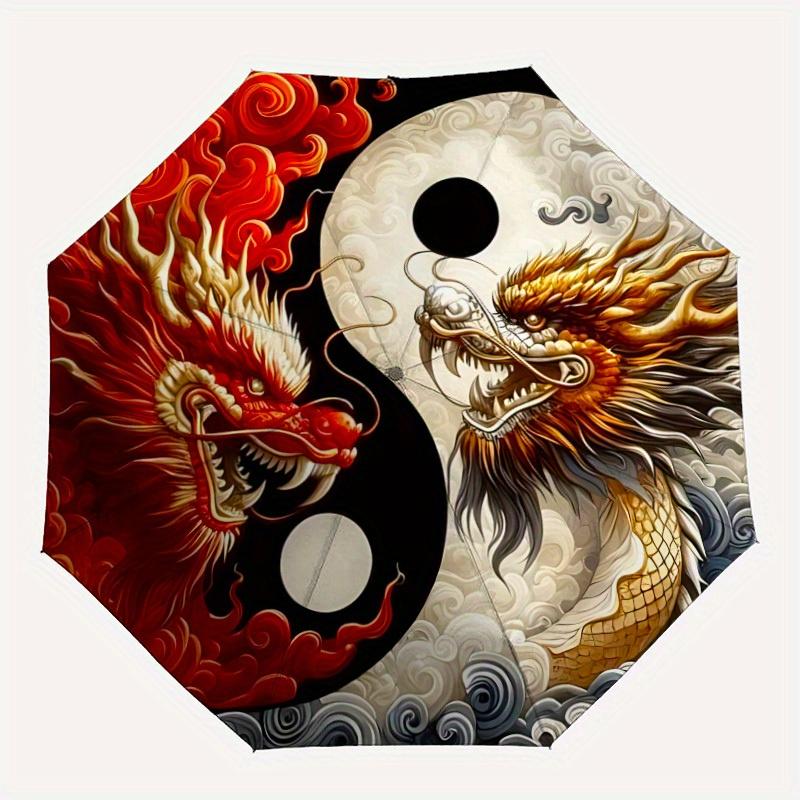 1pc YinYang Dragons Automatic Folding Umbrella, 8-Rib Sturdy Canopy, Portable Travel Umbrella for Outdoor Use, Perfect Hallowe