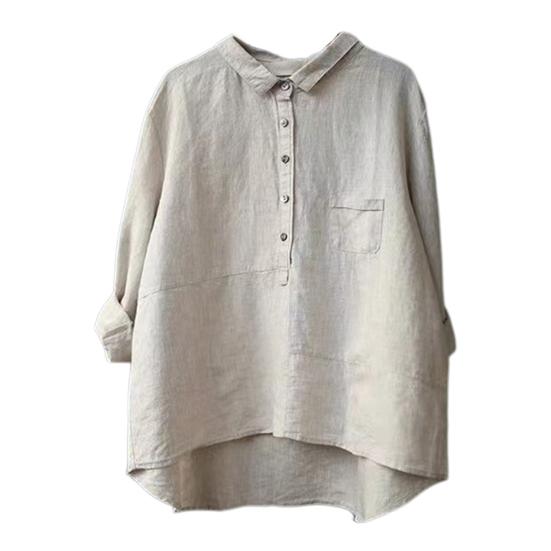 Women Shirt Turn-down Collar Long Sleeve Pullover Tops Buttons Half Placket Patch Pockets Casual Tops Solid Color Loose Fit Shirt