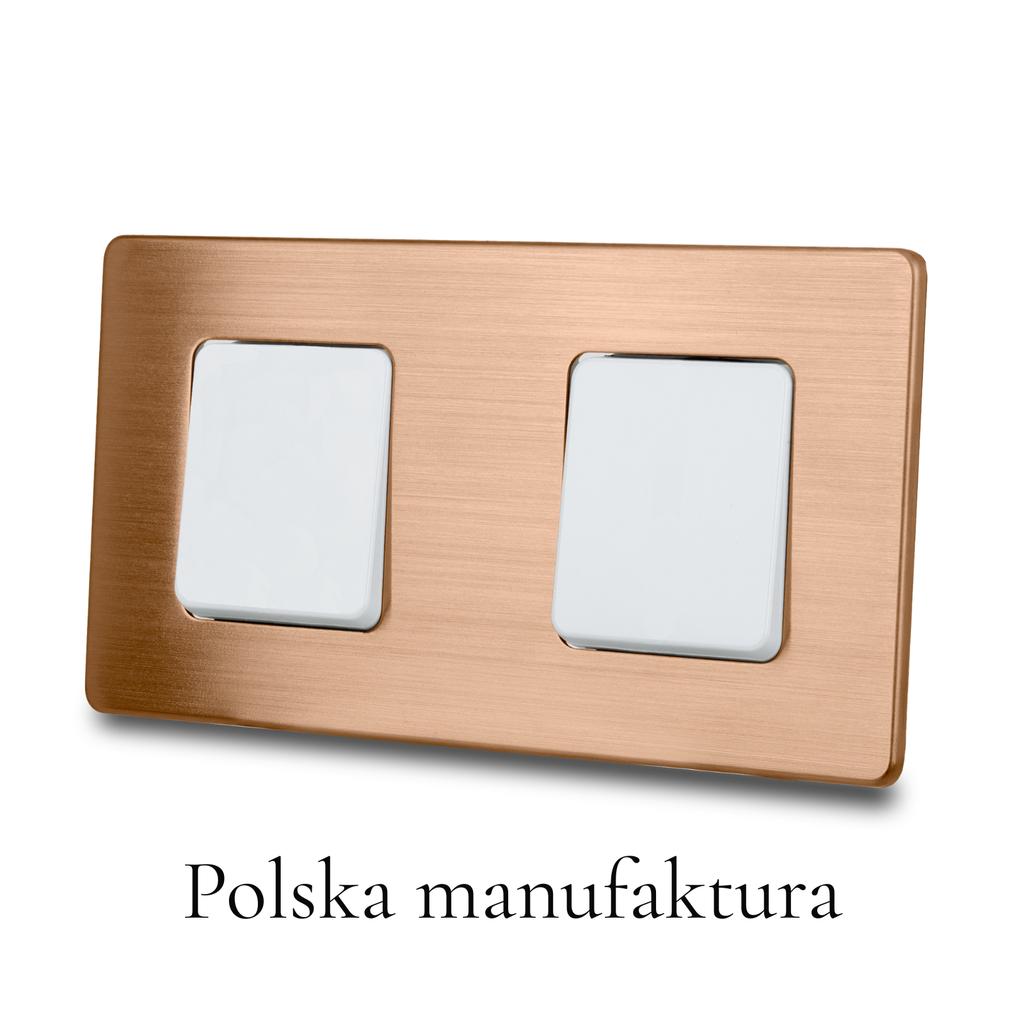 Włącznik światła podwójny biały krzyżowy stal szczotkowana pvd copper