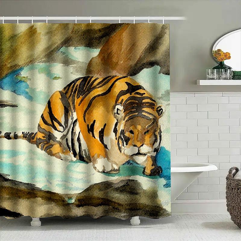 Watercolor Tiger Shower Curtain Bath Decor Printed Fabric Waterproof Rainfall Bathtub Cover 72X84Inch (183X213Cm) Animal Print H
