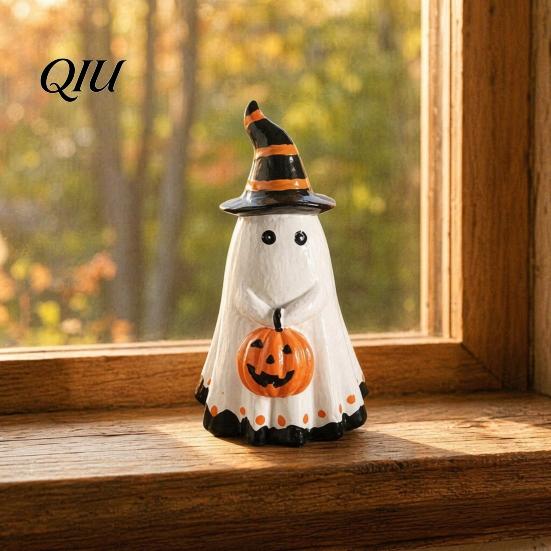 Halloween Ghost Decoration Figurine with Witch Hat, Cute Small Resin Smooth Texture Statue Holding Pumpkin for Home Table Shelf Desk Decor Seasonal