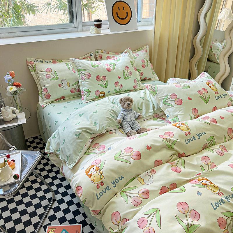 Simple Bedding Washed Cotton Four-piece Set Pastoral Bed Sheet Quilt Cover Bedding Three-piece Set