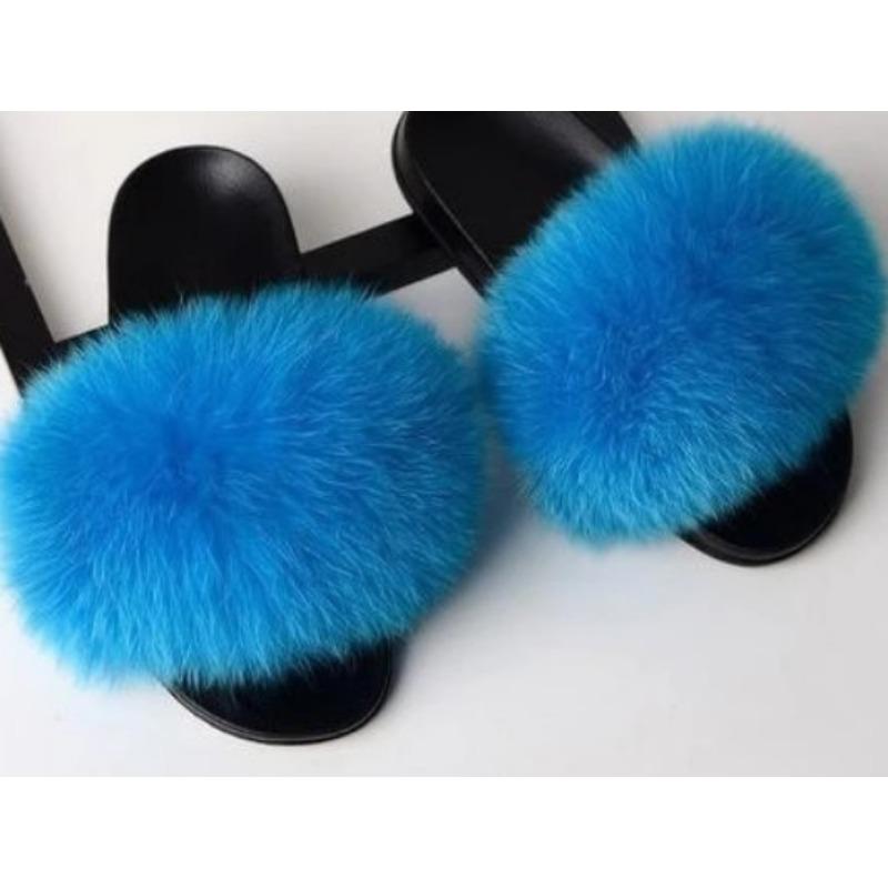 Furry Slippers for Women The Same Style In Summer Real Fox Fur Slippers Plus Size Female Sandals