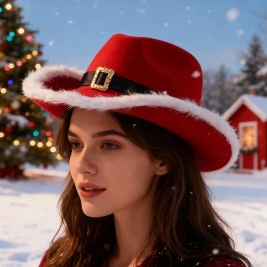 Ковбойская шляпа на рождественскую тематику, белая, с пушистой отделкой, из мягкого фетра, джазовая шляпа-цилиндр, регулируемая красная лента, шляпа для вечеринки