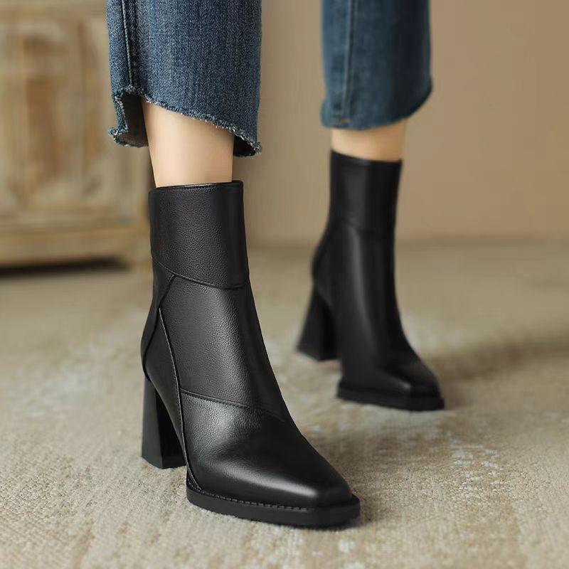Retro Brown Soft Leather Thick Heel Short Boots Women's 2025 New High Heel Martin Boots British Style Small Square Head Thin Boots