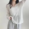 V-neck Fashion Loose Pullover Knitted Sweater Thin Sunscreen Blouse Women Long Sleeve Cover Up 2025 New Elegant Solid Knitwear Korean Solid Color Top