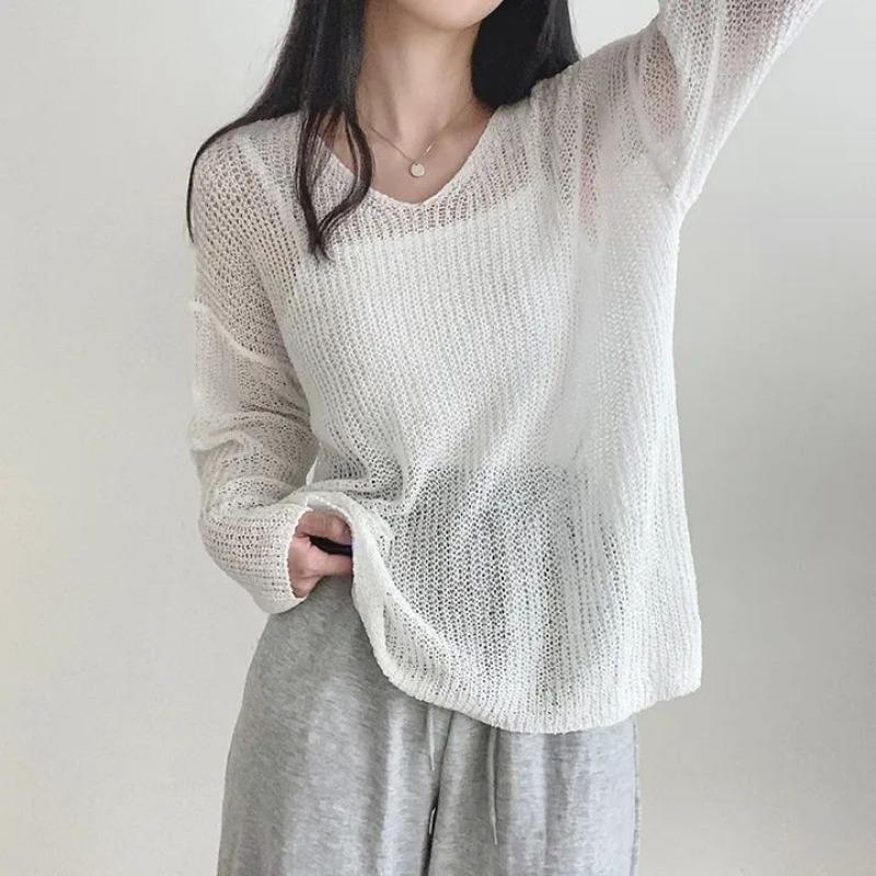 V-neck Fashion Loose Pullover Knitted Sweater Thin Sunscreen Blouse Women Long Sleeve Cover Up 2025 New Elegant Solid Knitwear Korean Solid Color Top