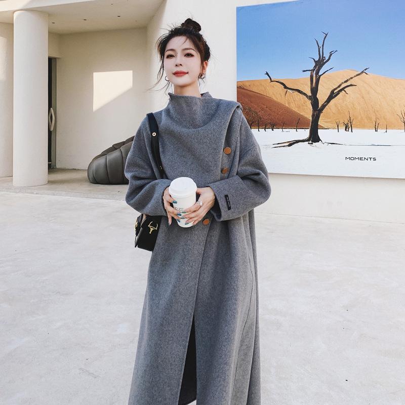 Серый дизайн двухстороннее кашемировое пальто для женщин средней длины зимнее новое стильное шерстяное пальто с шарфом Aura