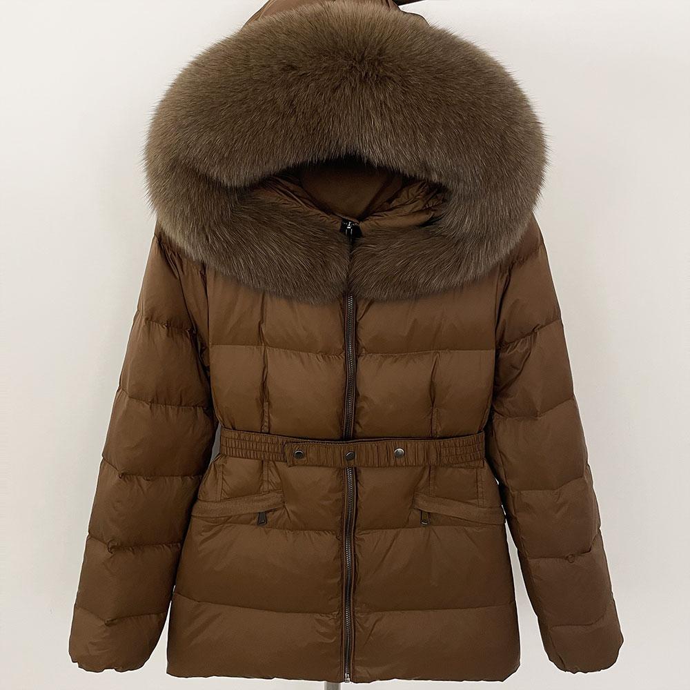 OFTBUY 2024 Winter Jacket Women Natural Real Raccoon Fox Fur Collar Hooded White Duck Down Coat Belt Thick Warm Casual Outerwear