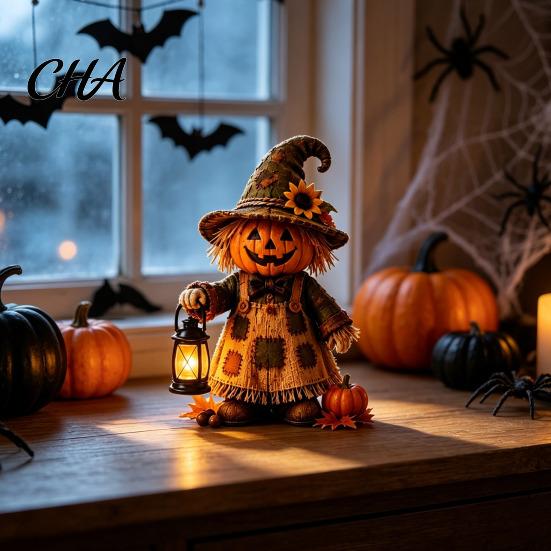 Atmospheric Window Displays Wooden Halloween Figurine with Lantern, Pumpkin Scarecrow Skeleton Mummy Ghost Witch Desktop Decorative Statues