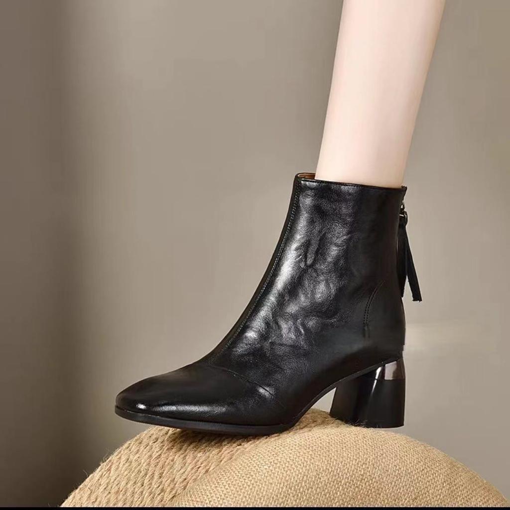 2024 новые осенние мягкие кожаные короткие сапоги женские мягкие кожаные туфли на среднем каблуке кожаные туфли весна-осень бархат квадратный нос высокий каблук