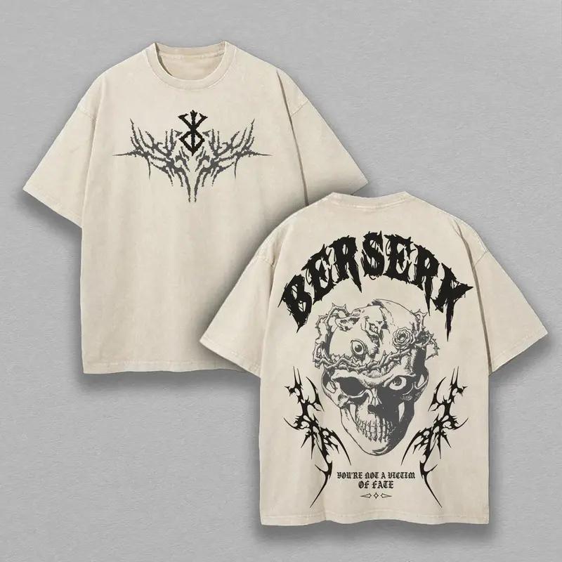 Футболка с принтом аниме Berserk Гатс Мужская Женская Стиранный Хлопок Футболки Манга Винтажная Футболка Харадзюку Мужская Свободная Футболка с Коротким Рукавом