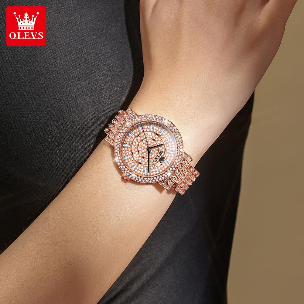 OLEVS 9904 Full Diamond Luxury Quartz Watch for Women Elegant Fashion Rose Gold Stainless Steel Waterproof Ladies Wristwatches