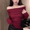 Wine Red Retro One-Shoulder Knit Pullover Blouse for Women