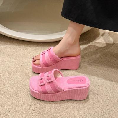 Тапочки женские для улицы весенние новые темпераментные женские туфли квадратная пряжка маффин толстая подошва однословные шлепанцы