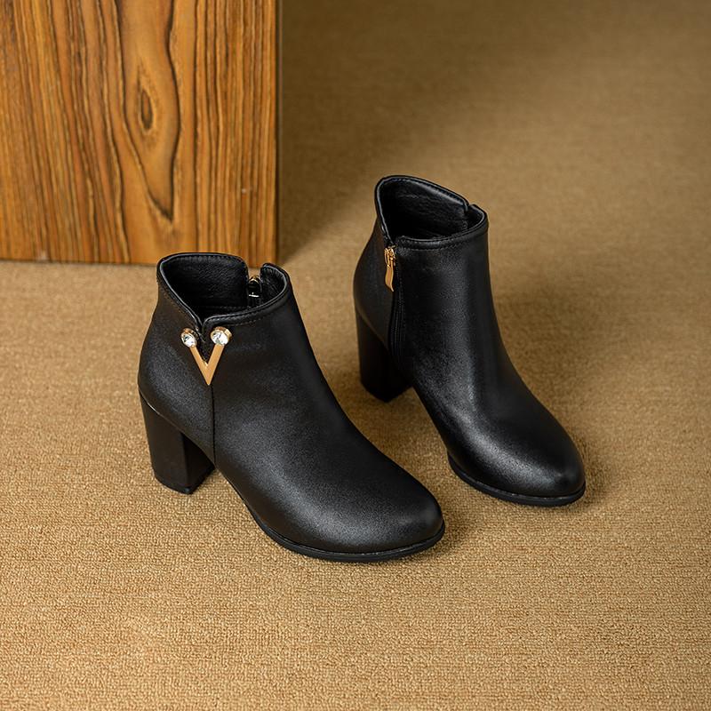 Женские короткие сапоги на высоком каблуке осенне-зимние классические однотонные универсальные сапоги на толстом каблуке большого размера