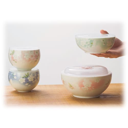 Chiyo Uno's "Hanaemi" (Flower Smile) Range Pack Storage Containers, 4-Piece Set, Microwave Safe, Floral Pattern, Mino Ware, Made in Japan, Product Num