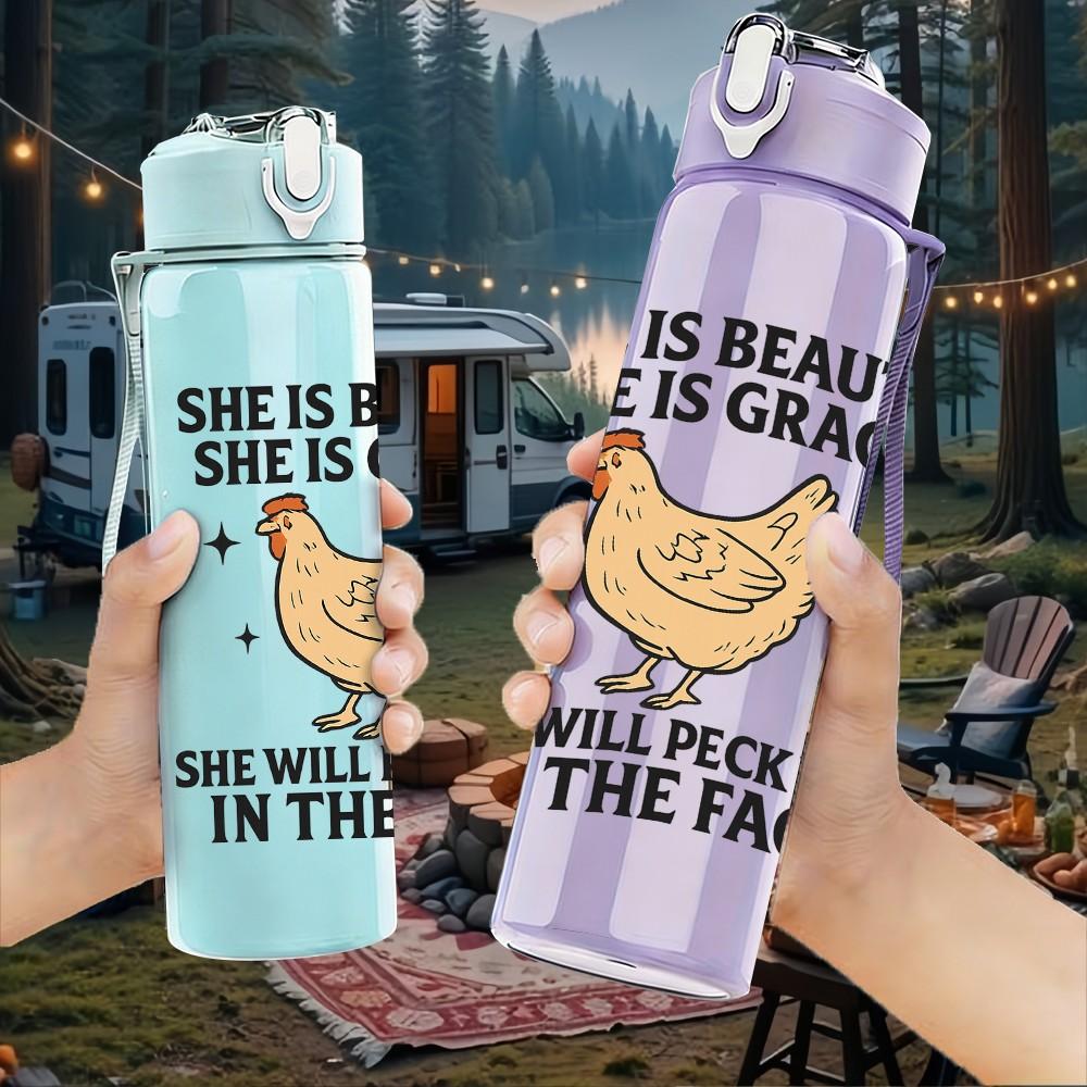 1PC She Is Beauty Chicken Quote Art 750ml Color Plastic Sports Water Bottle Leakproof Flip Straw Lid Suitable for Sports Office Home Use