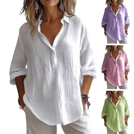 Женская рубашка с лацканами V-образный вырез 45720 рукав пуловер топы однотонный свободный крой