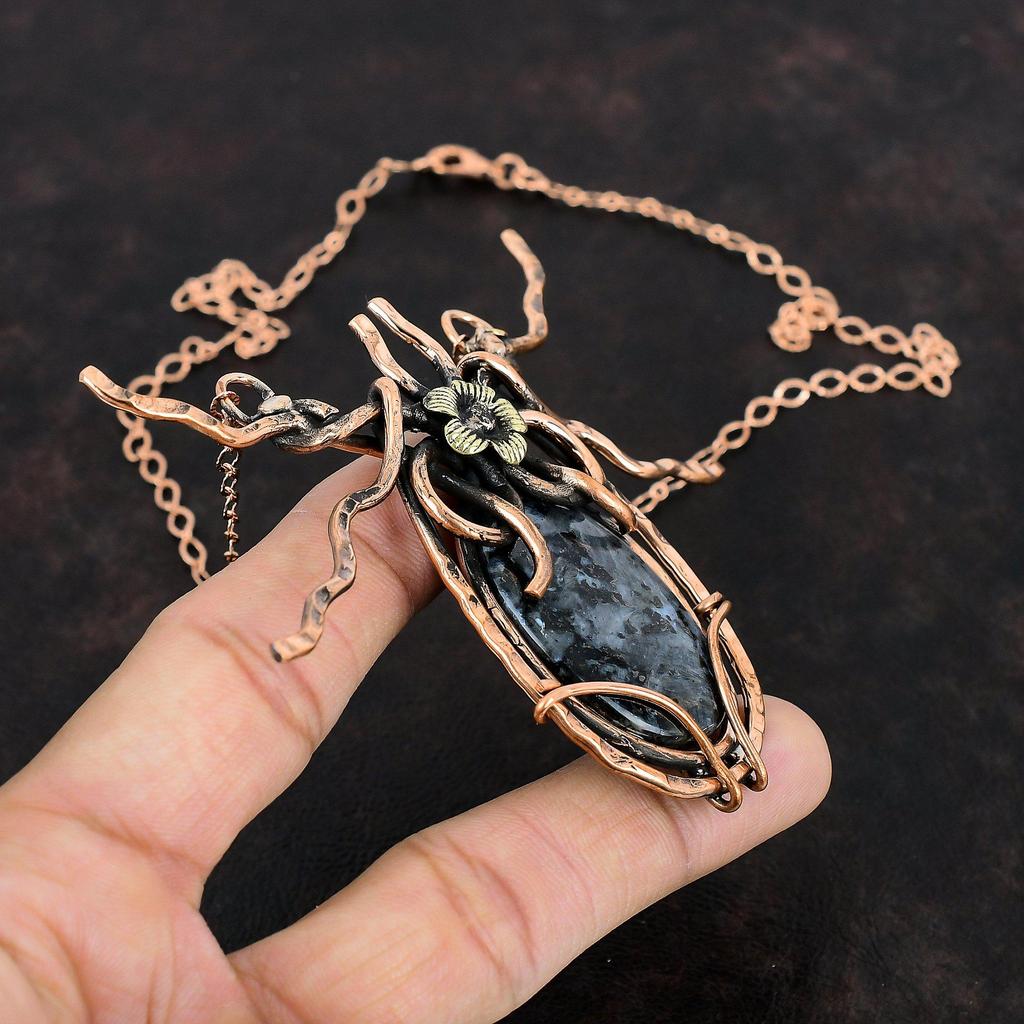 Ожерелье из ларвикита, ожерелье из медной проволоки с драгоценными камнями, регулируемое ожерелье из медной цепочки, ювелирные изделия ручной работы из камня по рождению, свадебные подарки