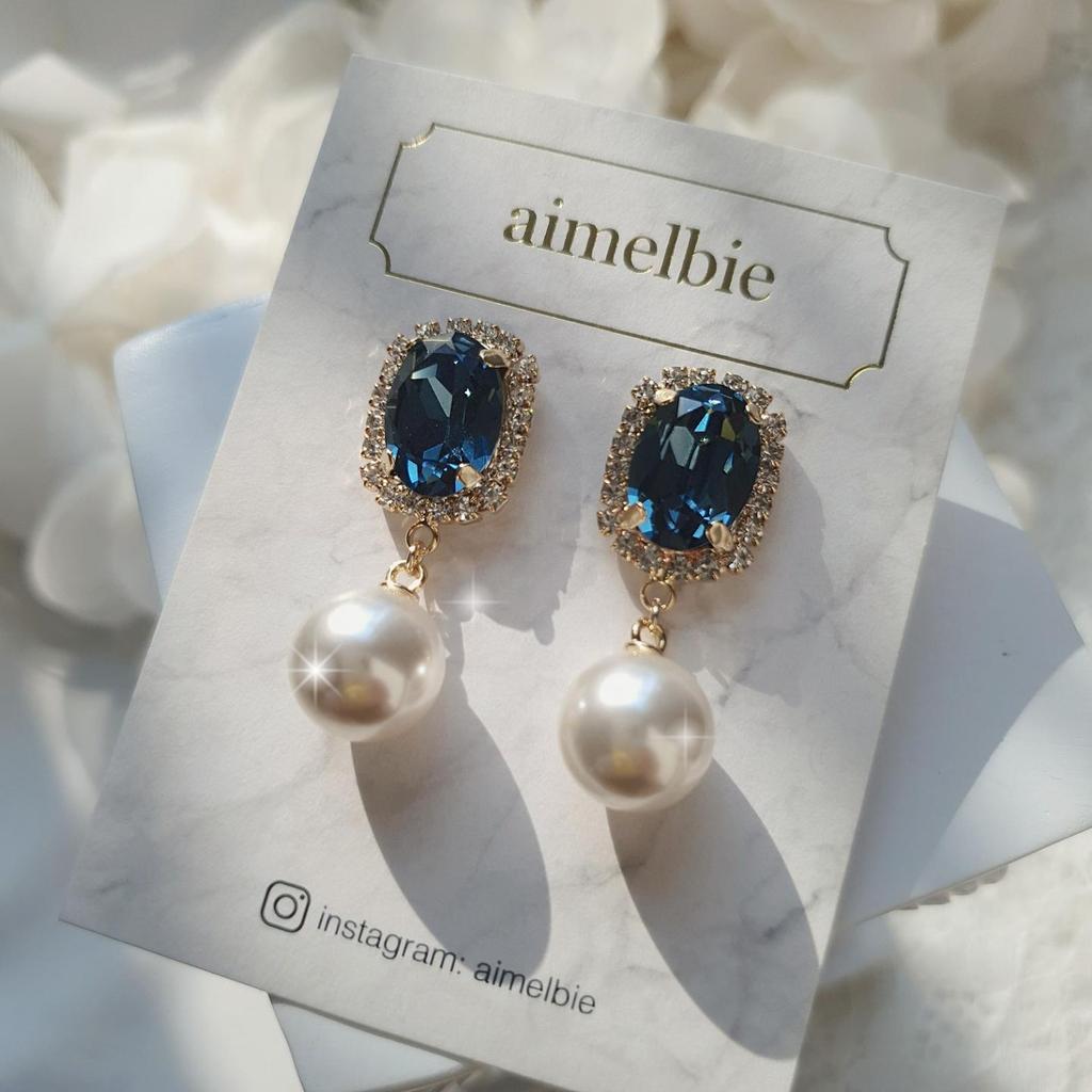 Элегантные овальные серьги с кристаллами и жемчугом - темно-синий