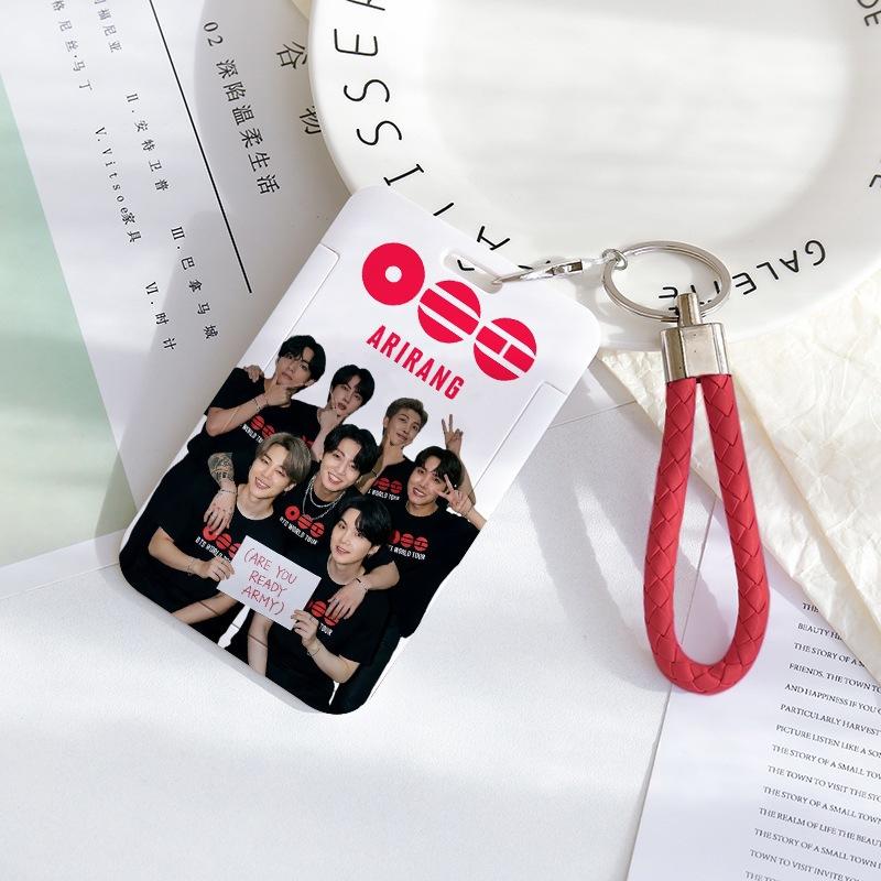 BTS Sliding Photocard Holder, Protective ID Badge Card Case with Braided Keychain Strap, Student Campus Bus Meal Card Protector Merch for ARMY