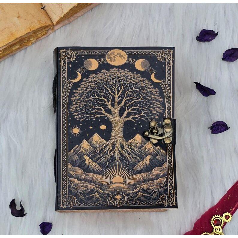 Celestial Tree of Life Journal Vintage Lock Diary with Moon Phases | Handmade Spellbook, Grimoire, Witchcraft Notebook, Book of Shadows